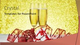  Presentation with champagne gold - Audience pleasing PPT theme consisting of two wineglasses with champagne gift boxes and christmas decoranions standing on snowy surface on a festive gold background copy space christmas and new year greeting card backdrop and a yellow colored foreground