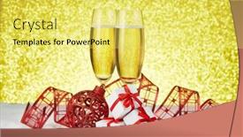  Presentation with champagne gold - Theme consisting of two wineglasses with champagne gift boxes and christmas decoranions standing on snowy surface on a festive gold background copy space christmas and new year greeting card background and a yellow colored foreground
