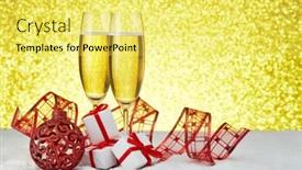  Presentation with champagne gold - Beautiful PPT theme featuring two wineglasses with champagne gift boxes and christmas decoranions standing on snowy surface on a festive gold background copy space christmas and new year greeting card backdrop and a yellow colored foreground