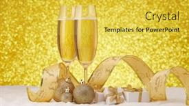  Presentation with champagne gold - Slide set with two wineglasses with champagne gift boxes and christmas decorations standing on snowy surface on a festive gold background copy space christmas and new year greeting card background and a yellow colored foreground