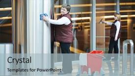  Presentation with cleaning business - Beautiful theme featuring cleaner worker in uniform cleaning backdrop and a light blue colored foreground