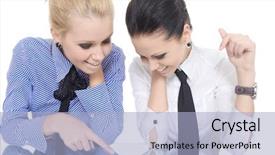  Presentation with pointer - Amazing slide set having two woman pointer finger mirror backdrop and a light blue colored foreground