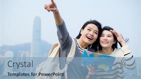  Presentation with tourists - Amazing slides having two woman tourists pointing out the location backdrop and a light blue colored foreground