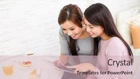  Presentation with sports table tennis two ping - Presentation theme featuring two woman using tablet togther background and a soft green colored foreground