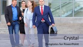  Presentation with communicate - Colorful presentation design enhanced with two woman walking down street backdrop and a seafoam green colored foreground