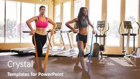  Presentation with resistance - Audience pleasing PPT layouts consisting of two woman working out in gym using resistance bands backdrop and a tawny brown colored foreground