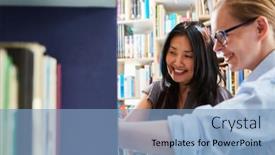  Presentation with bookstore - Presentation design enhanced with two-women-are-looking-together background and a light blue colored foreground