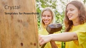  Presentation with building women - Colorful PPT layouts enhanced with two-women-are-making-teamwork backdrop and a coral colored foreground