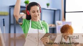  Presentation with music studio - Presentation theme consisting of two-women-artists-listening background and a coral colored foreground
