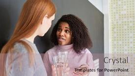  Presentation with text message - Audience pleasing PPT layouts consisting of two-women-as-friends backdrop and a coral colored foreground