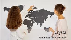  Presentation with world map - Cool new presentation theme with two women assemble cardboard world backdrop and a soft green colored foreground