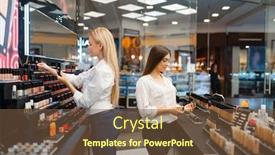  Presentation with cosmetics - Slide deck with two-women-at-the-showcase background and a tawny brown colored foreground