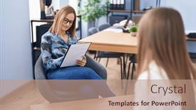  Presentation with job interview - Slides with two-women-business-workers-having background and a coral colored foreground