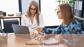  Presentation with business women - Presentation design featuring two-women-business-workers-using background and a coral colored foreground