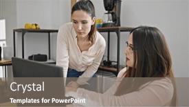  Presentation with office workers - PPT theme enhanced with two-women-business-workers-using background and a gray colored foreground