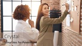  Presentation with business women - Slides with two-women-business-workers-writing background and a coral colored foreground