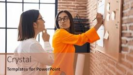  Presentation with business women - Presentation theme with two-women-business-workers-writing and a coral colored foreground