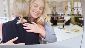  Presentation with women in office - Slide set featuring two-women-embrace background and a  colored foreground