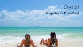  Presentation with holidays - Presentation design consisting of two women enjoying their holidays on a transat at the tropical beach in thailand background and a light blue colored foreground