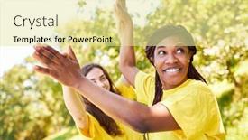  Presentation with building women - Slide deck having two-women-give-a-high background and a blonde colored foreground