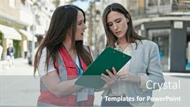  Presentation with survey - PPT theme having two-women-having-survey-interview background and a gray colored foreground