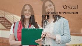  Presentation with survey - Slides having two-women-having-survey-interview background and a coral colored foreground