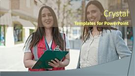  Presentation with survey - Presentation design enhanced with two-women-having-survey-interview background and a violet colored foreground