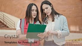  Presentation with survey - Slide deck enhanced with two-women-having-survey-interview background and a coral colored foreground