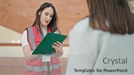  Presentation with survey - PPT theme consisting of two-women-having-survey-interview background and a light gray colored foreground