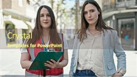  Presentation with survey - PPT theme having two-women-having-survey-interview background and a tawny brown colored foreground