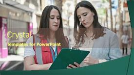  Presentation with survey - Slide set having two-women-having-survey-interview background and a tawny brown colored foreground