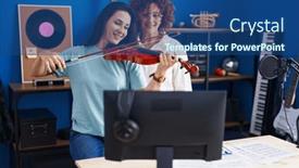  Presentation with music studio - PPT theme featuring two-women-having-violin-lesson background and a ocean colored foreground