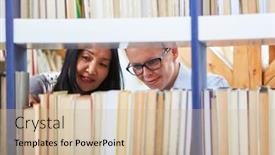  Presentation with bookstore - Presentation theme having two-women-in-a-library background and a soft green colored foreground