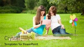  Presentation with picnic - Cool new presentation design with two women in the park on a picnic and tablet pc backdrop and a yellow colored foreground