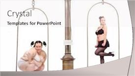  Presentation with balance scale - Audience pleasing theme consisting of two women in underwear standing on a balance scale weight loss concept backdrop and a white colored foreground