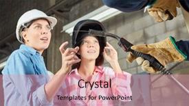  Presentation with welding - Theme featuring two women in welding apprentice background and a coral colored foreground