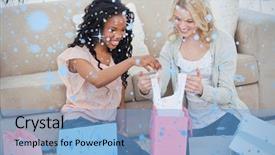  Presentation with falling snow - Audience pleasing PPT theme consisting of two women look through shopping bags against snow falling backdrop and a light blue colored foreground