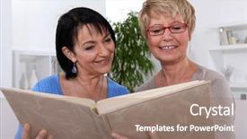  Presentation with photo album - Beautiful slide deck featuring two women looking through photo backdrop and a coral colored foreground