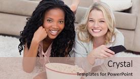  Presentation with remote - Presentation theme consisting of two women lying on the ground with popcorn are smiling at the camera and have a tv remote background and a coral colored foreground