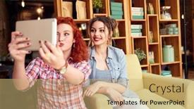  Presentation with women making - Presentation theme consisting of two-women-making-funny-selfie background and a coral colored foreground