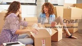  Presentation with new home - PPT layouts consisting of two women moving into new home and unpacking boxes background and a coral colored foreground