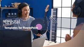  Presentation with music vinyl - Presentation design enhanced with two-women-musicians-listening background and a ocean colored foreground