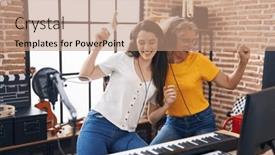  Presentation with music studio - Presentation theme having two-women-musicians-listening background and a  colored foreground