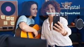  Presentation with music studio - Slide deck enhanced with two-women-musicians-playing-guitar background and a ocean colored foreground