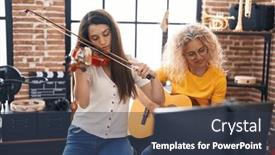  Presentation with classical music - PPT theme enhanced with two-women-musicians-playing-violin background and a tawny brown colored foreground