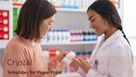  Presentation with pharmacy - PPT theme with two-women-pharmacist-and-customer background and a coral colored foreground