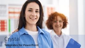  Presentation with pharmacy - Presentation theme enhanced with two-women-pharmacist-and-customer background and a light blue colored foreground