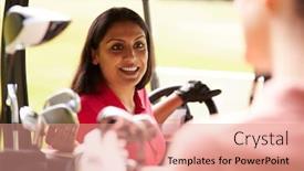  Presentation with women golf - Amazing presentation theme having two-women-playing-golf-driving backdrop and a coral colored foreground