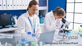  Presentation with microscope - Slides with two-women-scientists-using-microscope background and a light blue colored foreground