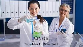  Presentation with women - Slide set featuring two-women-scientists-using-smartphone background and a  colored foreground